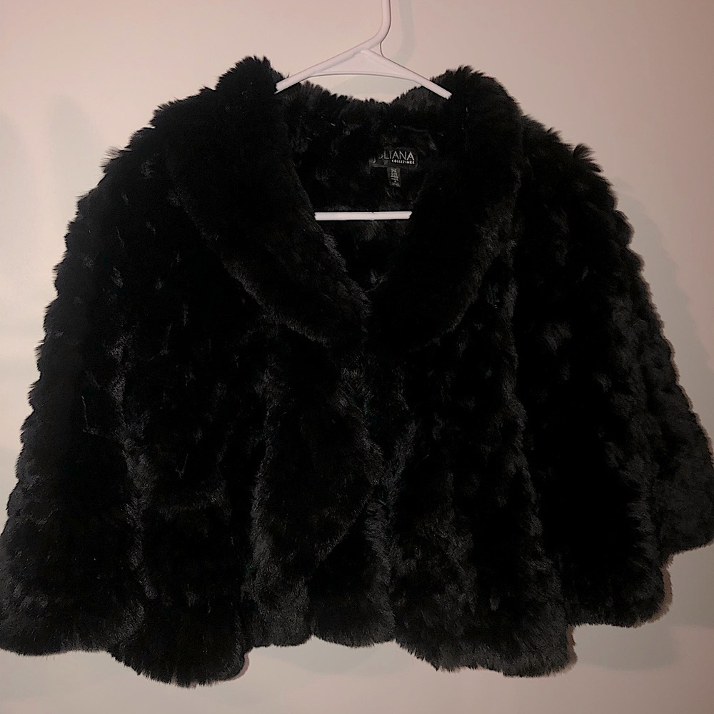 Rex Rabbit fur black stole black poncho OS front clasp Juliana Collezione NICE